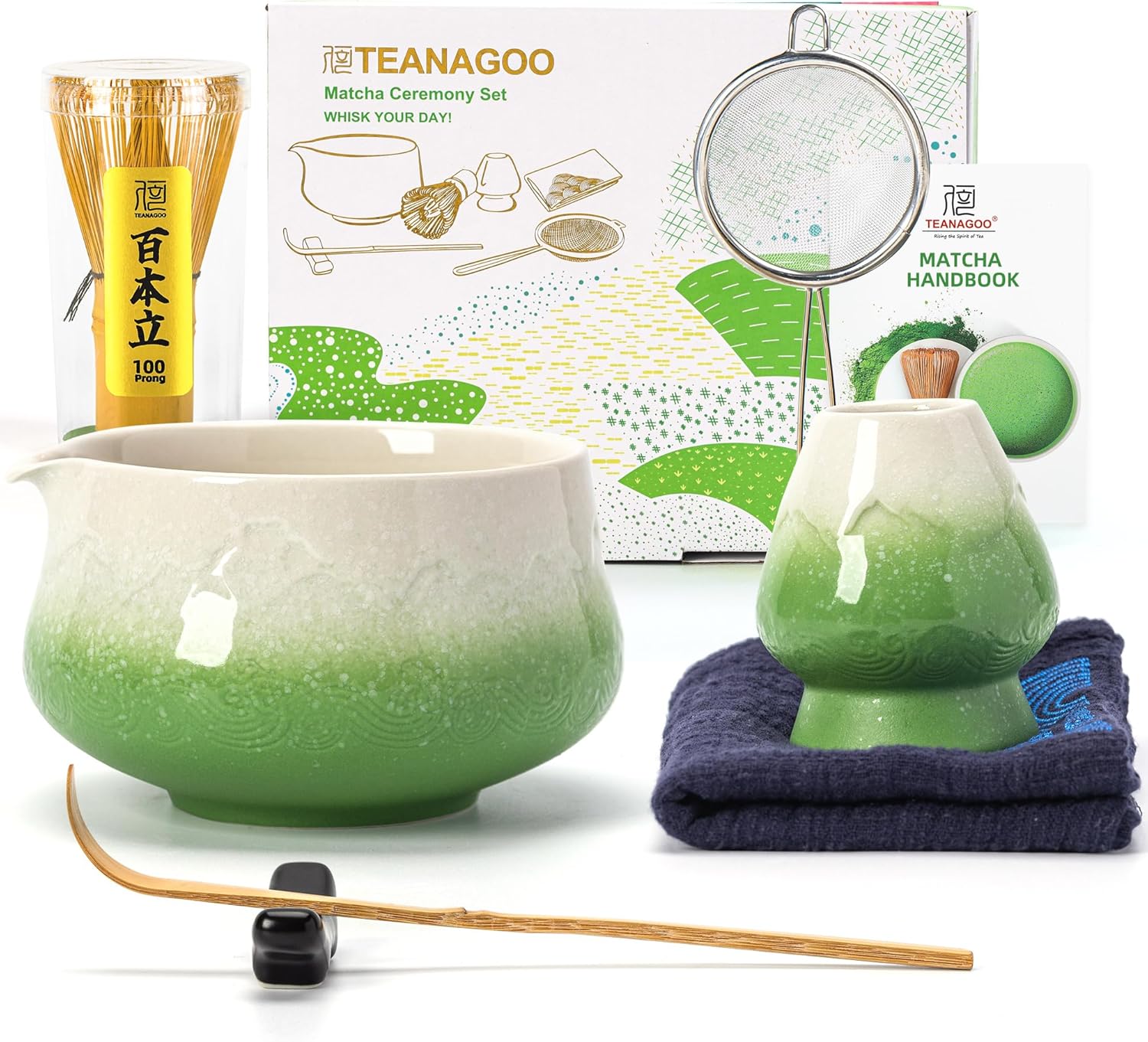 TEANAGOO 7 Pcs Matcha Whisk Set, Pink Matcha Set, Ceremony Matcha Powder Kit,Matcha Tea Set for Making Latte,Matcha Whisk Set and Bowl with Scoop&Sifter,Fuji Design Ceramic Bowl,Gift for Matcha Lovers