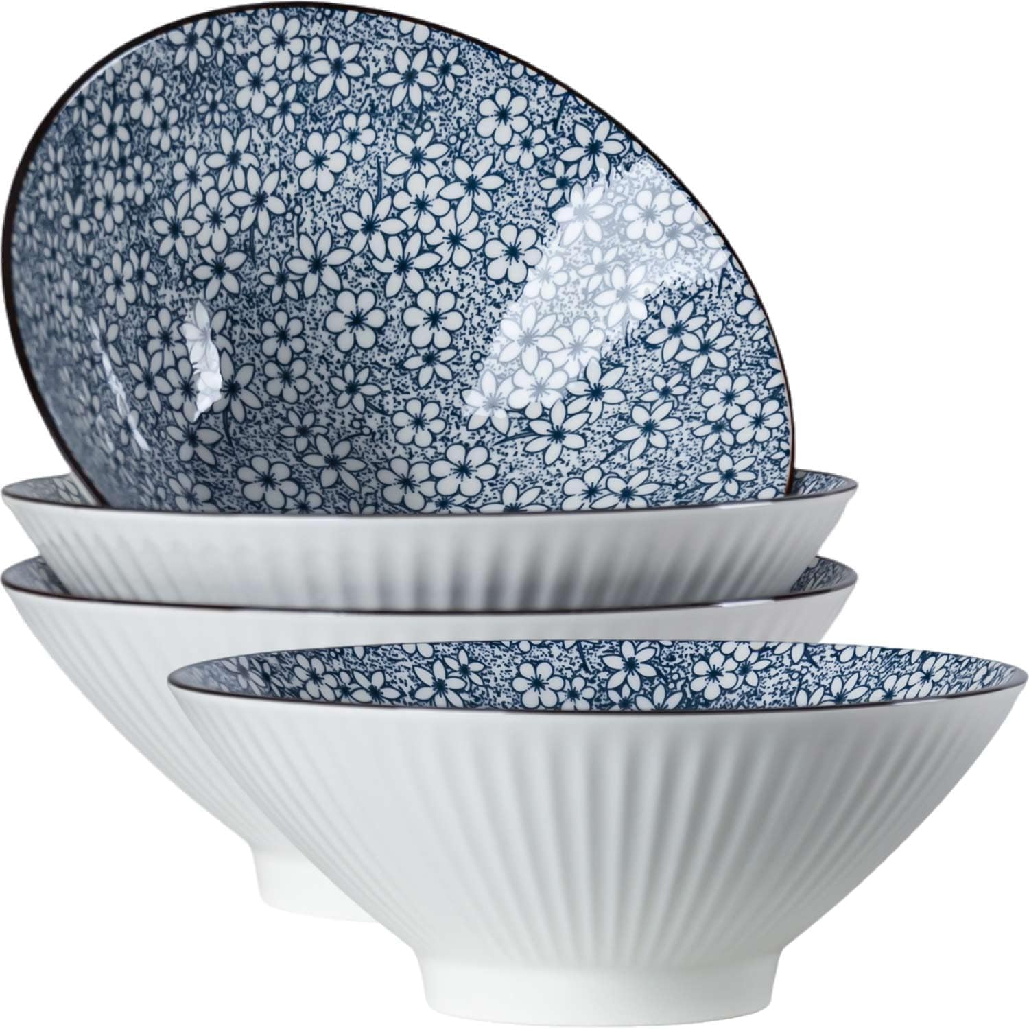 38 oz Japanese Ramen Bowls Set of 4, Large Pho Bowls, 8 Inch Ceramic Blue and White Soup Bowls, Wave Pattern