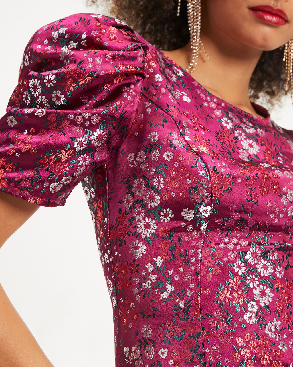 Hidden Gem Floral Puff Sleeve Mini Dress - Berry - Se7enfashion