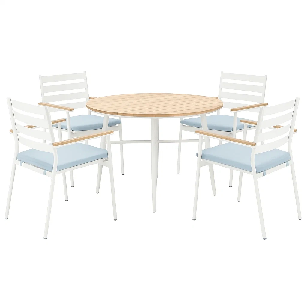 Conjunto de Comedor de Jardín Redondo para 4 Personas, Estructura de Acero con Respaldo de Madera, Incluye 1 Mesa y 4 Sillas con Cojines Azules, Color Blanco - qkTNjFp173CH