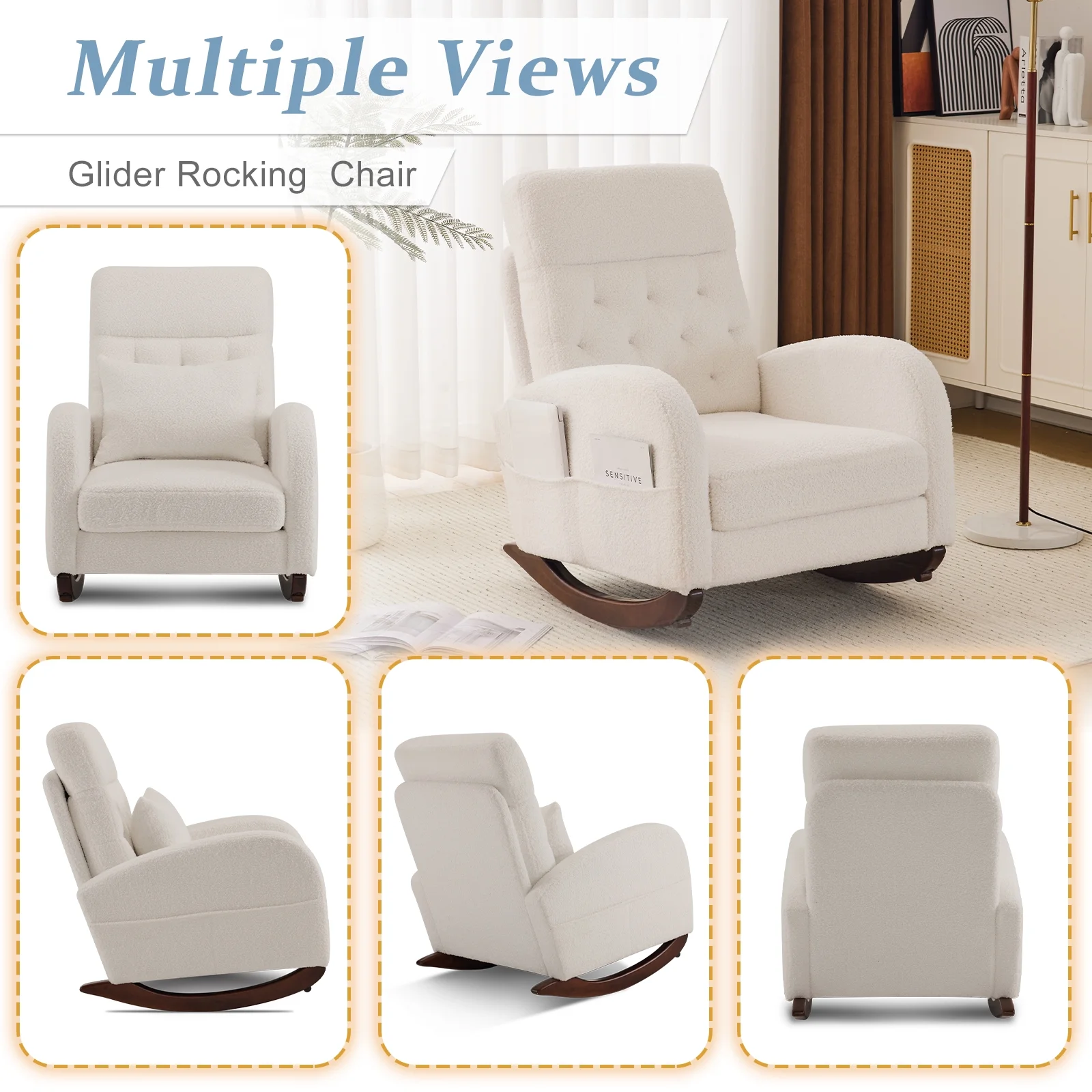 Ktaxon Rocking Accent Chair Glider Reading Chair Comfy Teddy Velvet Upholstered Single Sofa Rocker for Living Room, Nursery, Bedroom Beige - Image 14