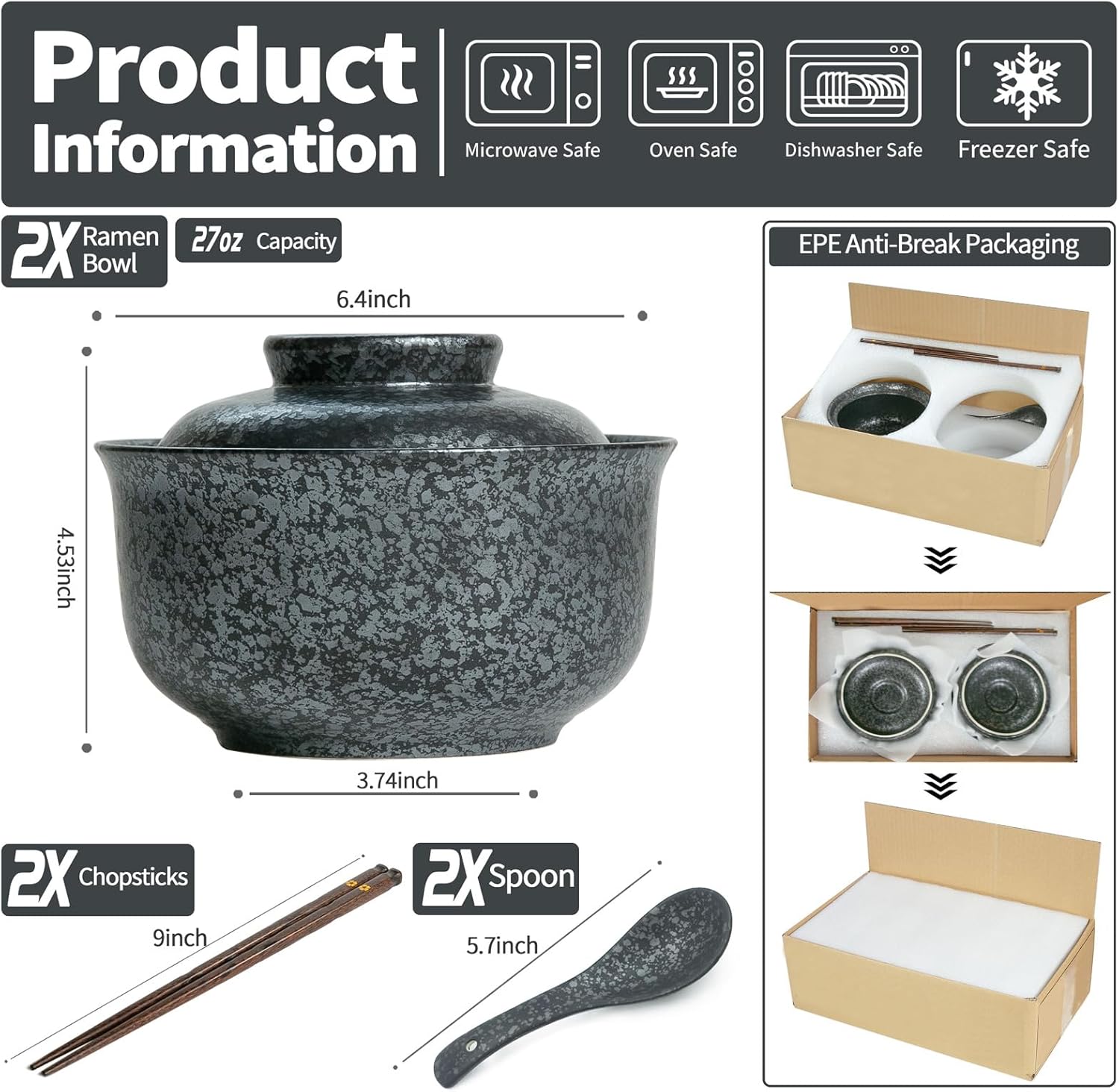 Ceramic Ramen Bowl Set of 2, Ramen Noodle Bowl with Lid 27oz Japanese Retro Style Soup, Pho, Udon Bowls, Matching Spoons and Chopsticks for Microwave & Dishwasher Safe, Black