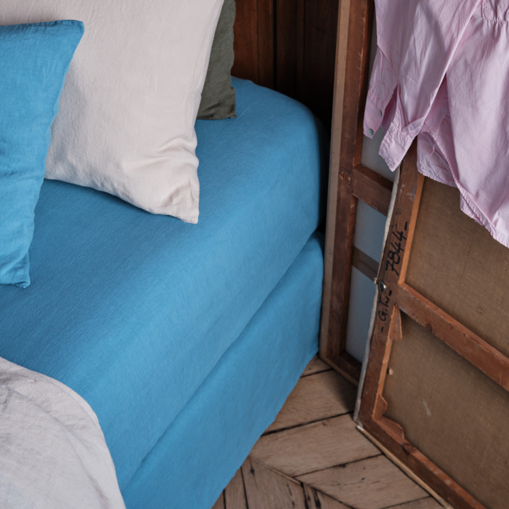 Drap-housse en lin lavé - Bleu Primaire