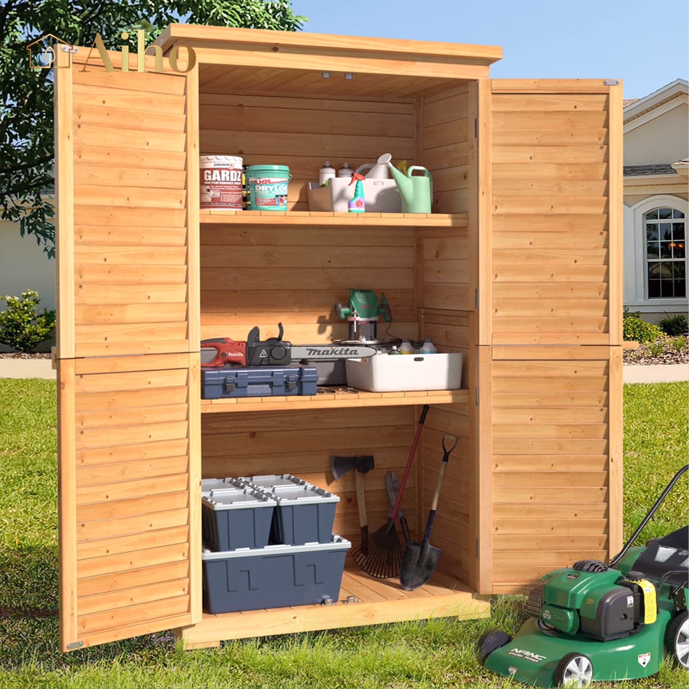 Aiho 55 Wide Outdoor Storage Shed with Lockable Double Doors - Weather - Resistant Garden Shed for Patio, Backyard Lawn, Gray(34"W/Natural)