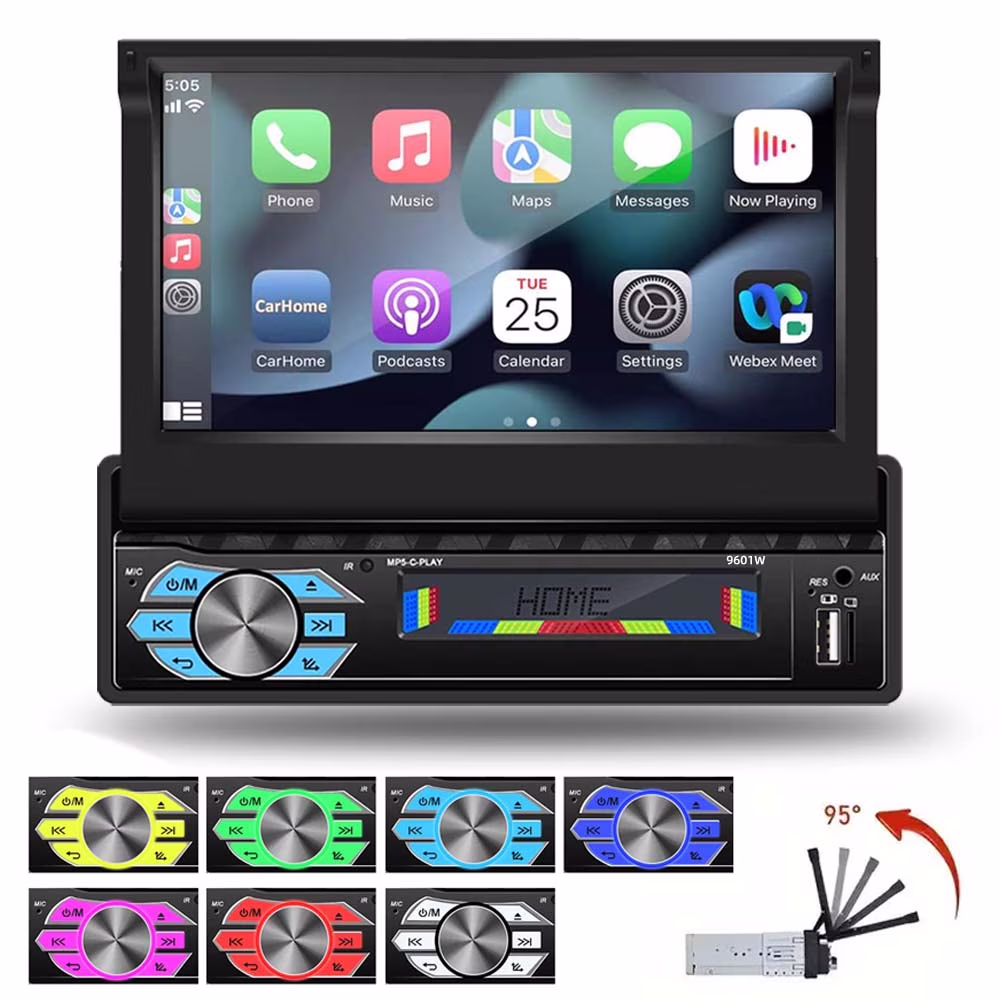 1 Din 7 in Car Stereo Radio with Wireless Apple Carplay Android Auto HD Electric Telescopic Touchscreen Flip Out Screen FM Bluetooth Android/Ios Mirror Link, Single 1 Din Car Audio USB/TF/AUX - in