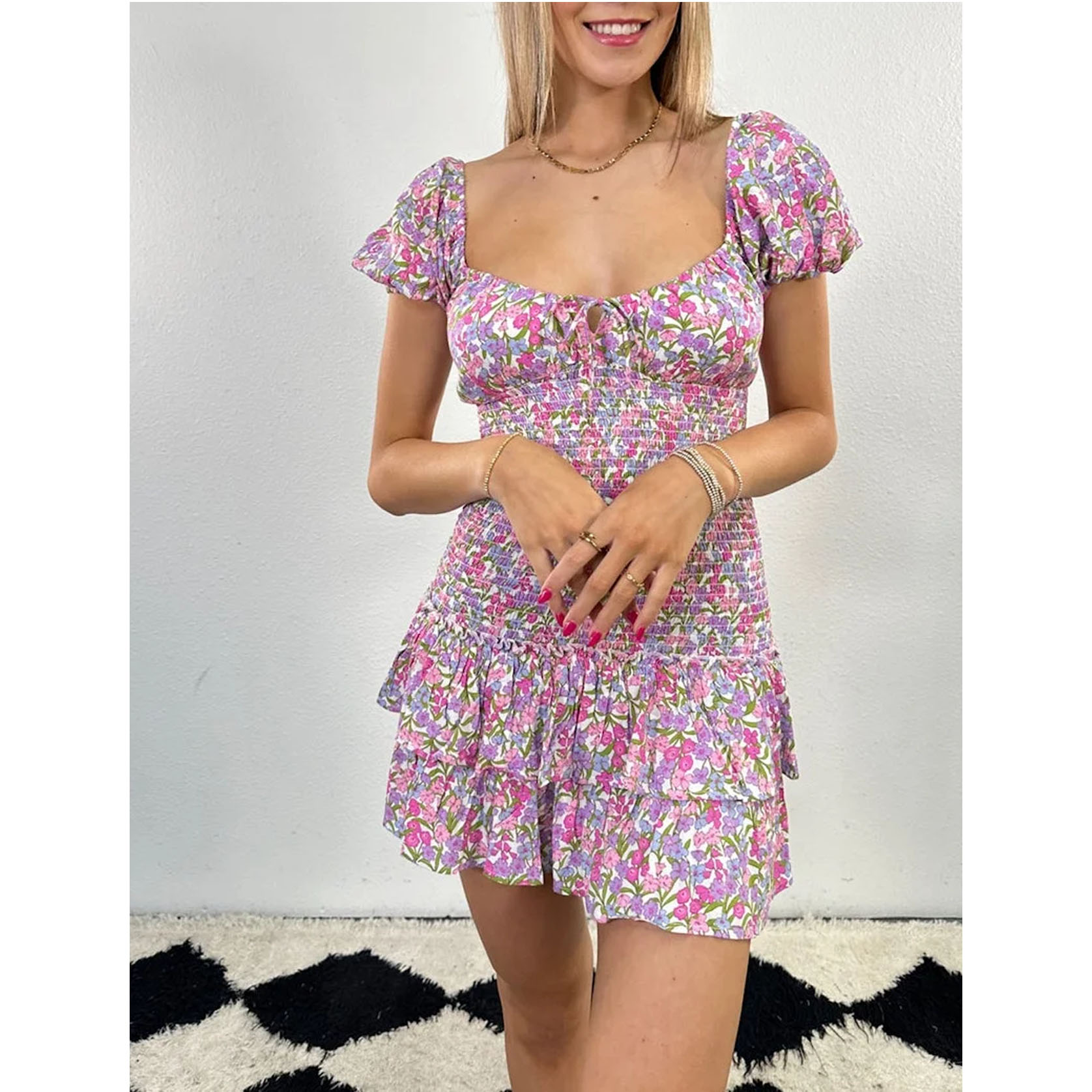 Ruched Floral-print Mini Dress