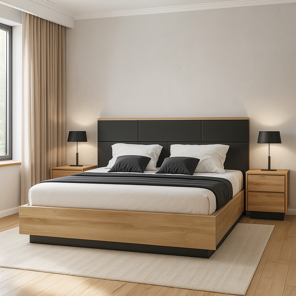 Cama doble moderna de madera roble y negro con cabecero acolchado