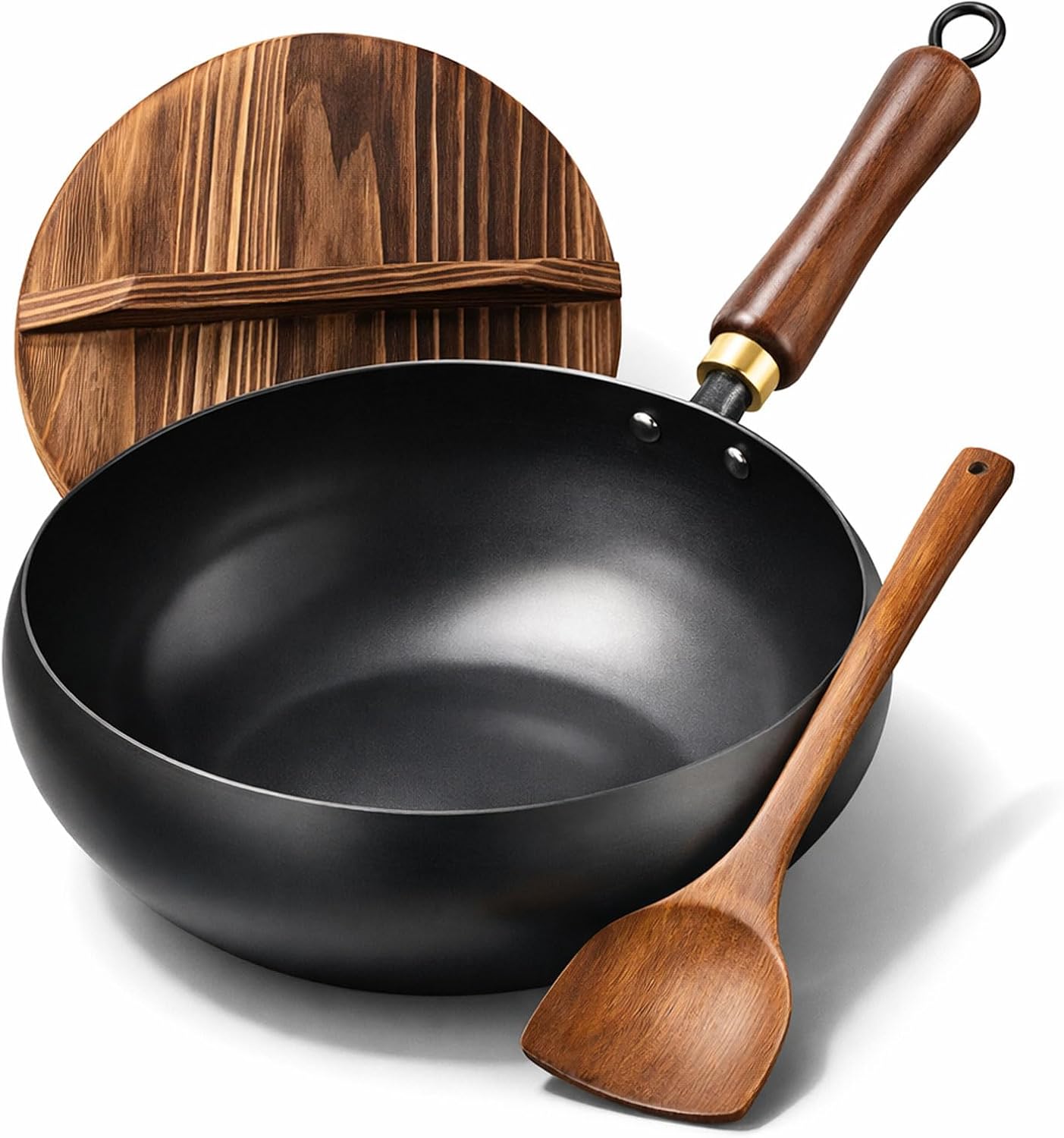 Traditional Forged Big-Belly Pot - Japanese-Style Big Belly Iron Wok with Lid, Nitrided Rust-Resistant & Uncoated Non-Stick Deep Frying Pan- Includes Wooden Spatula (No pot lid,24cm)