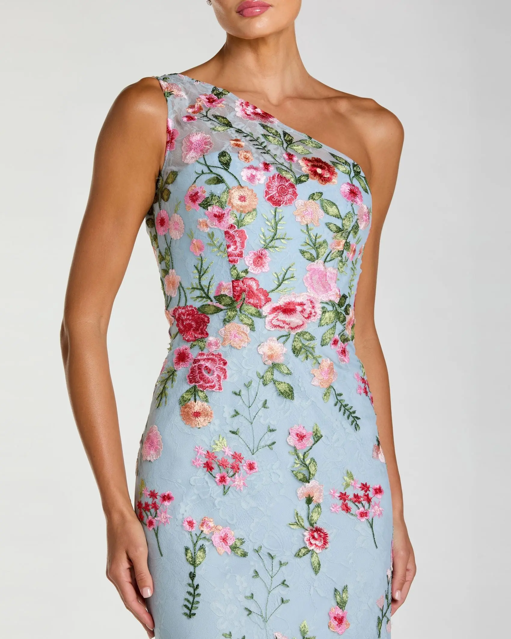 Blue One Shoulder Floral Embroidered Gown - Special Events Unlimited