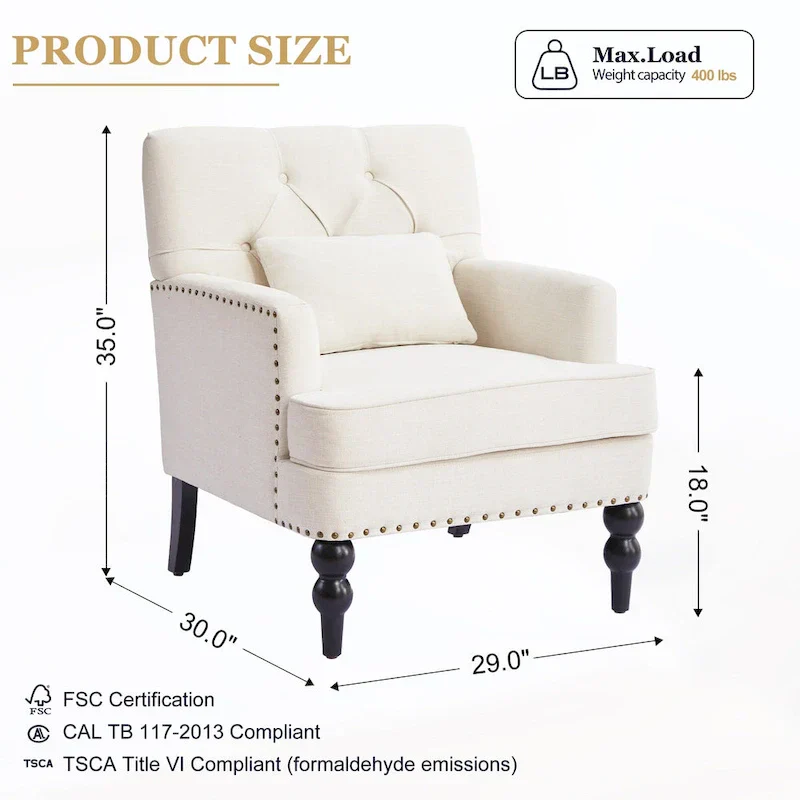 Set of 2 Arm Chair Upholstered Button Tufted Accent Chair with Lumbar Pillow Beige/ Grey/ Light Blue