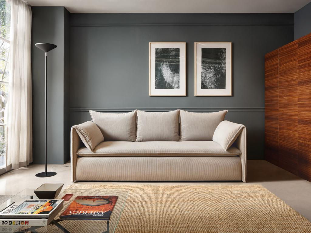 Sofá cama de 3 plazas de terciopelo de canalé beige