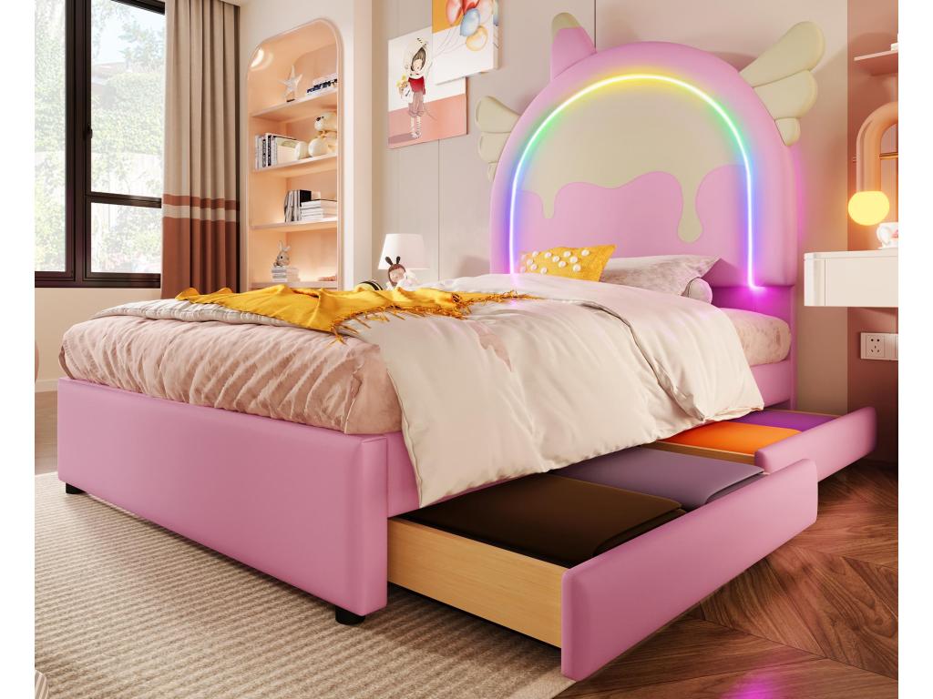 Cama individual tapizada en símil piel 90x200 cm - con LED y 2 cajones - Rosa