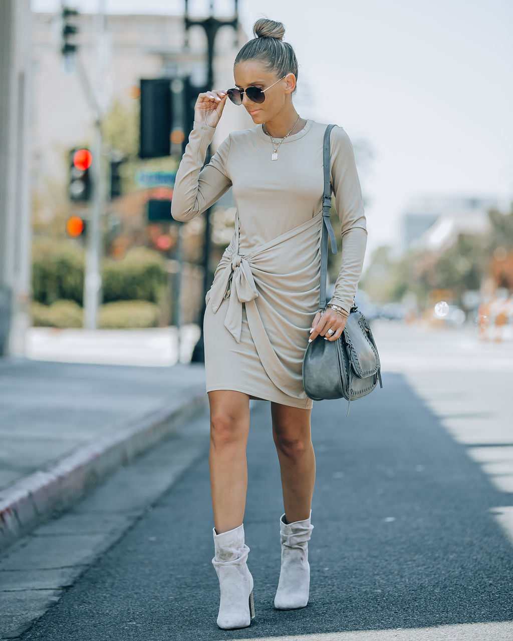 Ayda Drape Front Tie Mini Dress - Sand - FINAL SALE - Se7enfashion
