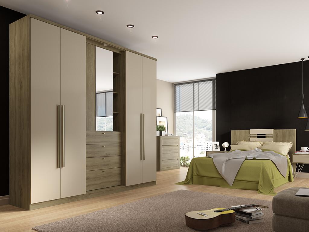 Armario - 4 puertas, espejo y cajones - l240 cm - roble