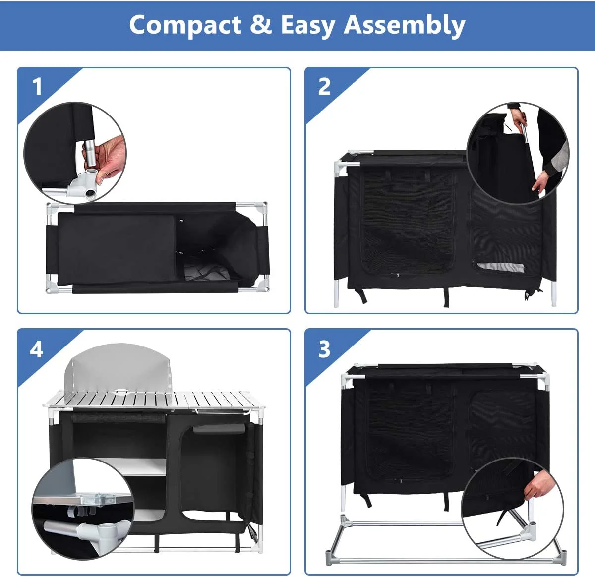 Portable Camping Kitchen Table, Camping Grill Table w/Windscreen & Storage Organizer, Outdoor Kitchen Cook Station with Basin for BBQ, Party, Picnics, Backyards, BBQ Table - Image 6