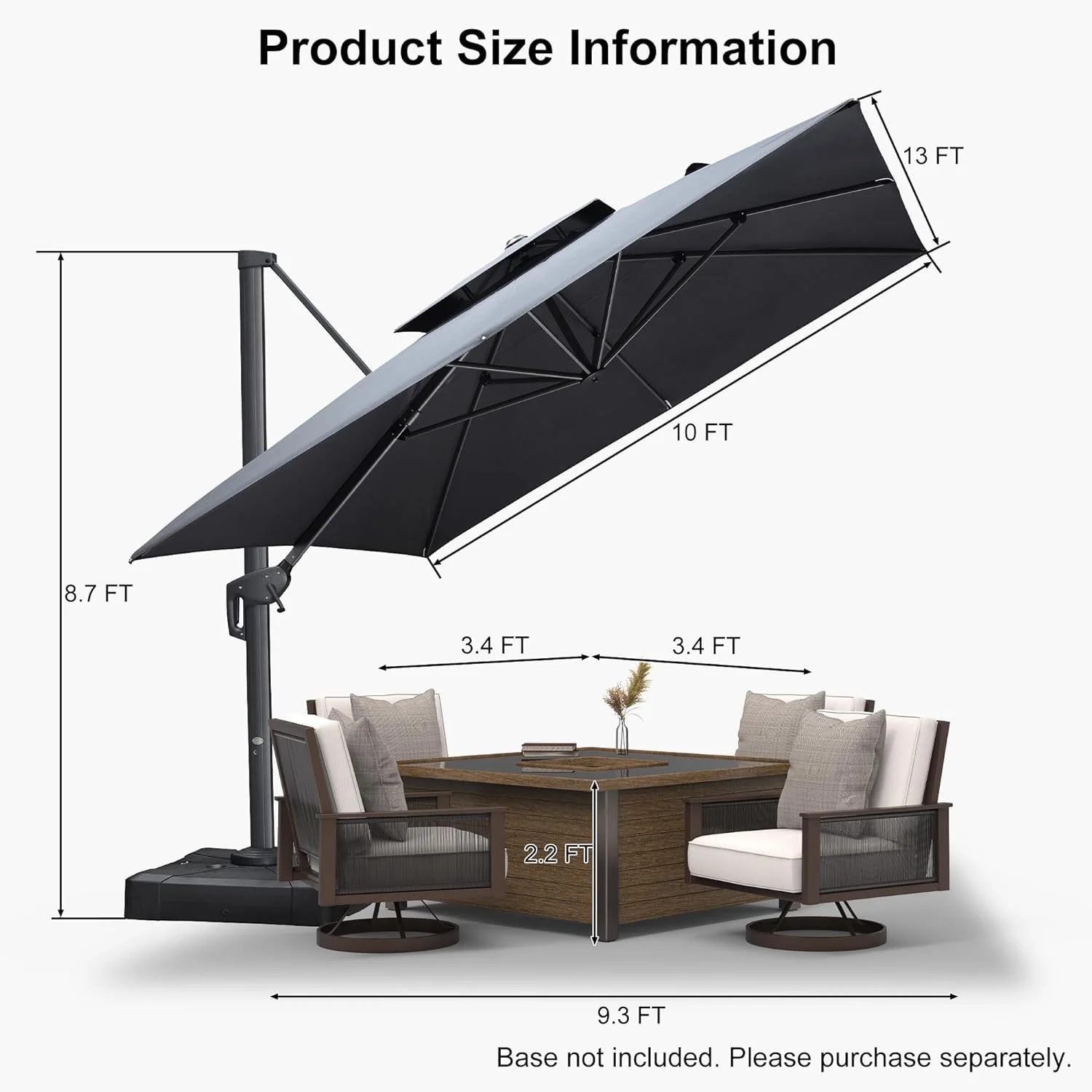 PURPLE LEAF Outdoor Cantilever Umbrella 10' X 13' Rectangle Umbrella Large Patio Umbrella Windproof Heavy Duty Hanging Offset Umbrella for Garden Outdoor Pool, Dark Grey - Image 4