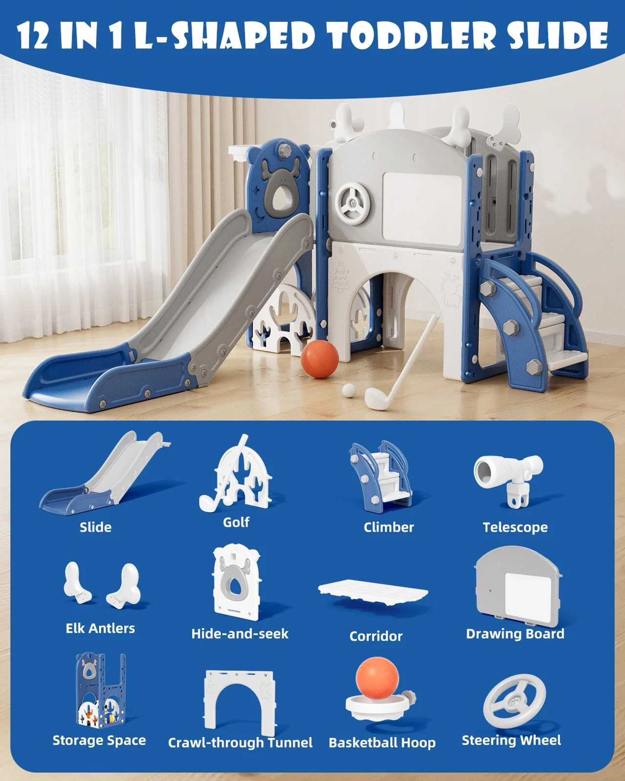 Korimefa 11-in-1 Toddler Slide Set with Golf, Basketball Hoop, Kids Slide for Toddlers Age 1-4, Climber Slip and Slides, Baby Outdoor Toys - Image 13