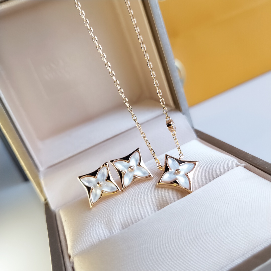 Louis Vuitton Rose Gold White Mother of Pearl Blossom Earrings Necklace - Original Replica Club