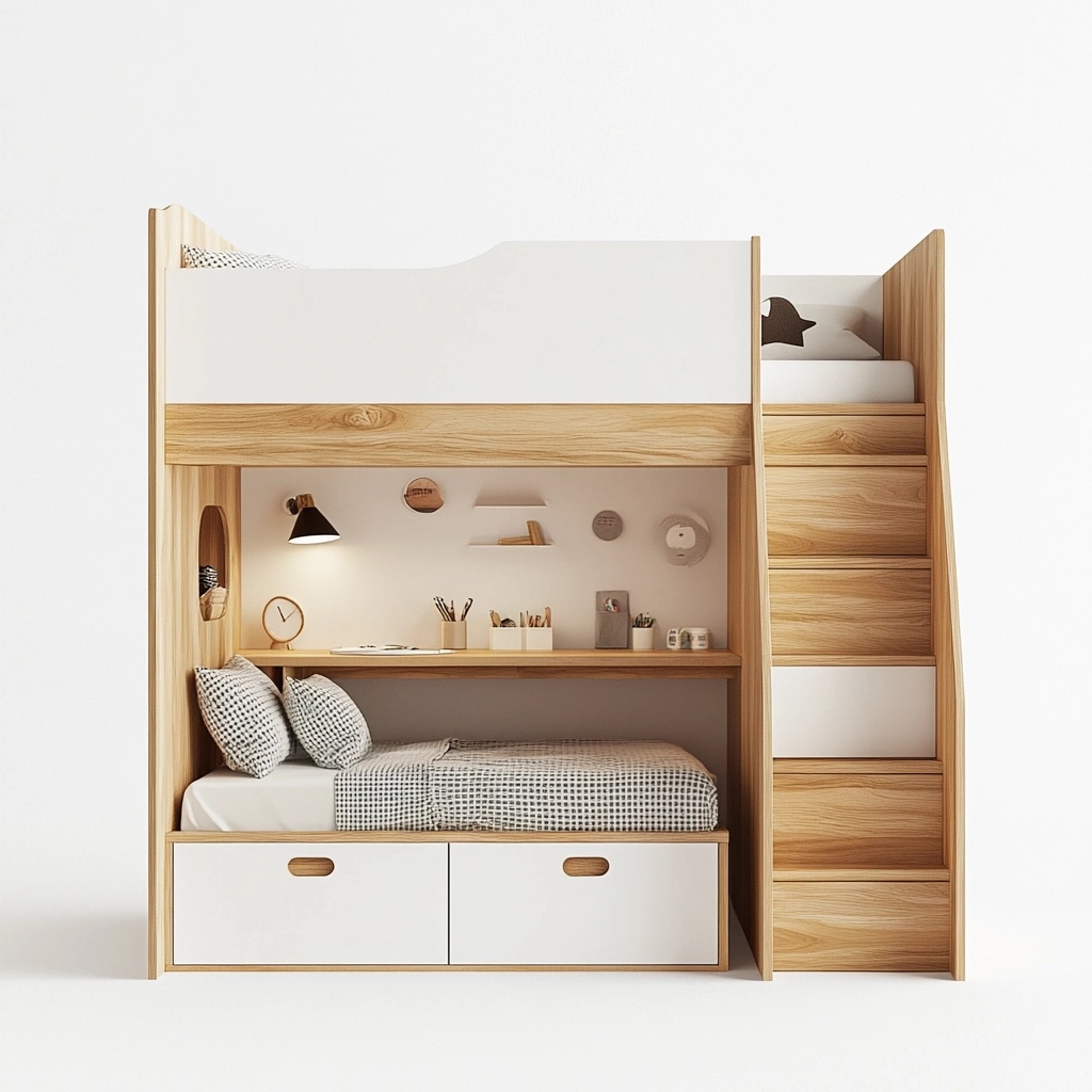 Litera de Madera 90x200 cm Blanca/Natural con Escritorio y Almacenamiento para Habitación Juvenil