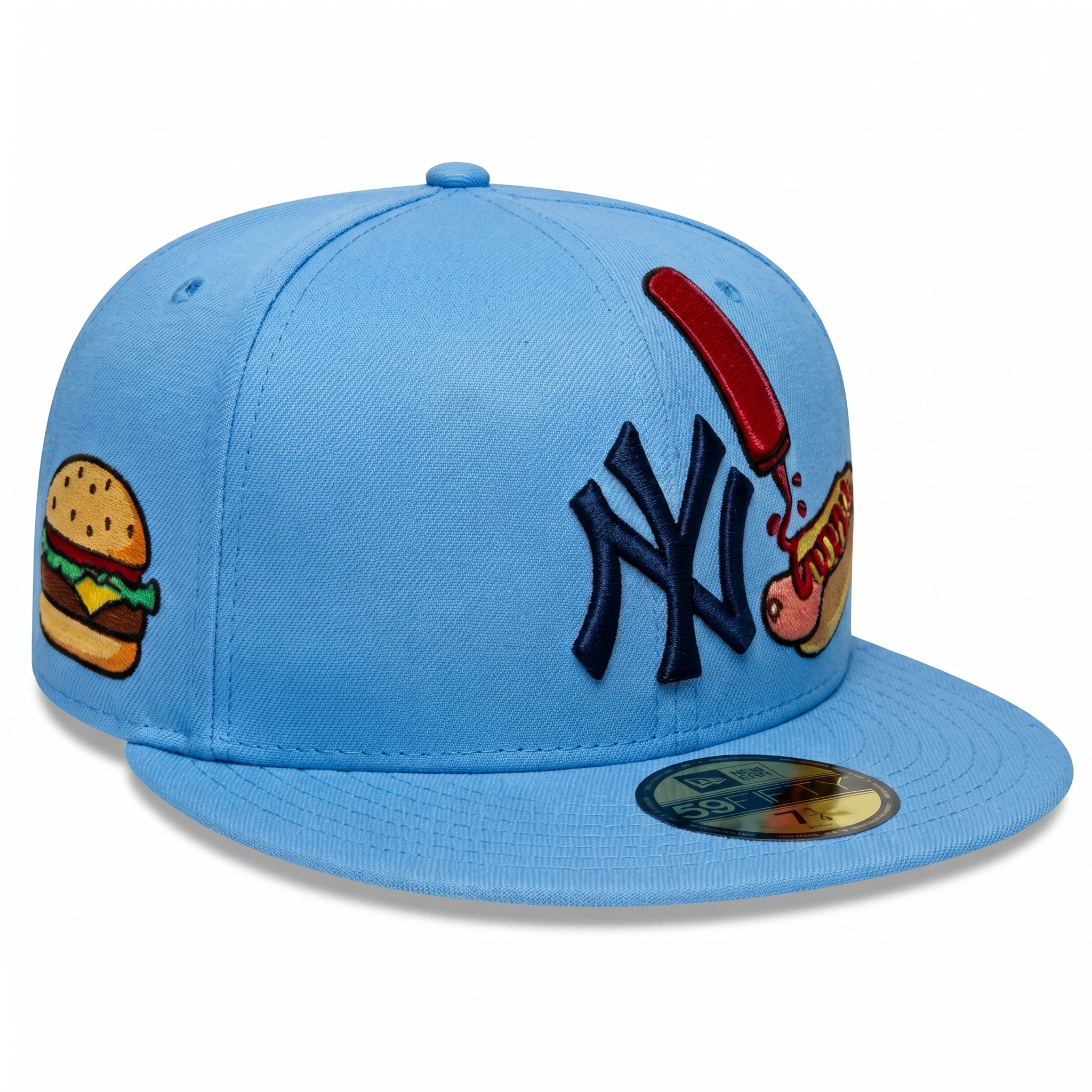 Light blue New Era 59FIFTY New York Yankees fitted hat featuring the NY logo and an embroidered hot dog with a ketchup bottle on the front panels.