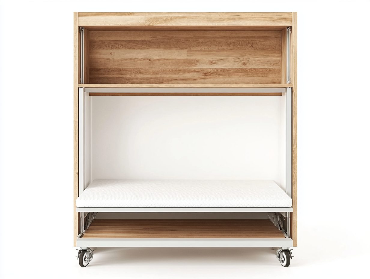 Cama abatible con ruedas y estantería inferior para apartamento moderno