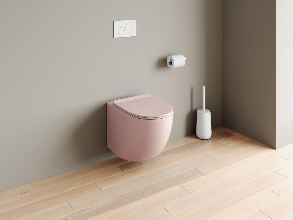 Inodoro flotante mate rosa con estructura de soporte y placa de activación - JAVOINE