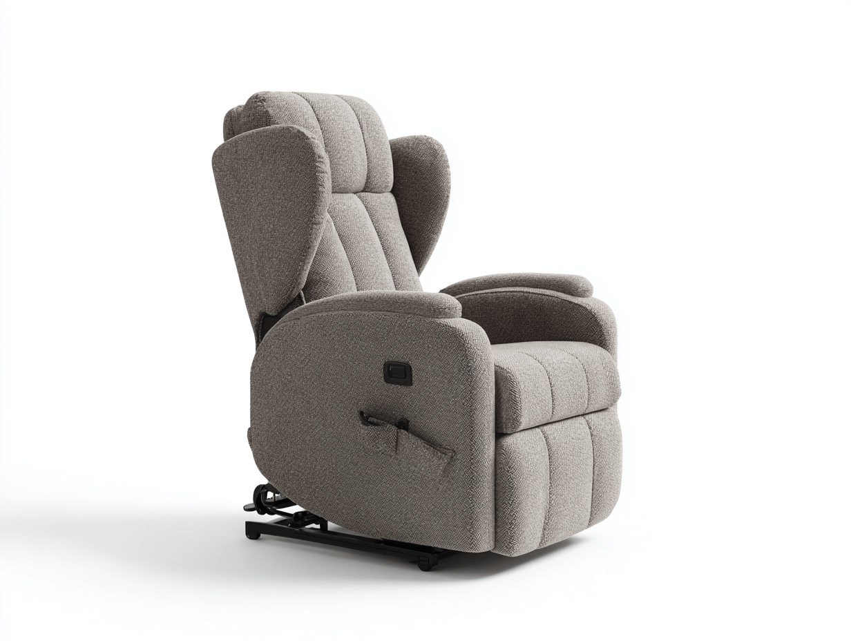 Sillón elevador y reclinable eléctrico en tela – gris topo – con bolsillo lateral