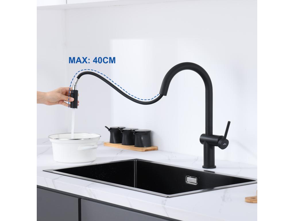 2PCS AURALUMMAX Mezclador Cocina Ducha Extractible,Grifo de fregadero con 2 funciones,Grifo cocina negro giratorio de 360°,Mestidor fregadero moderno