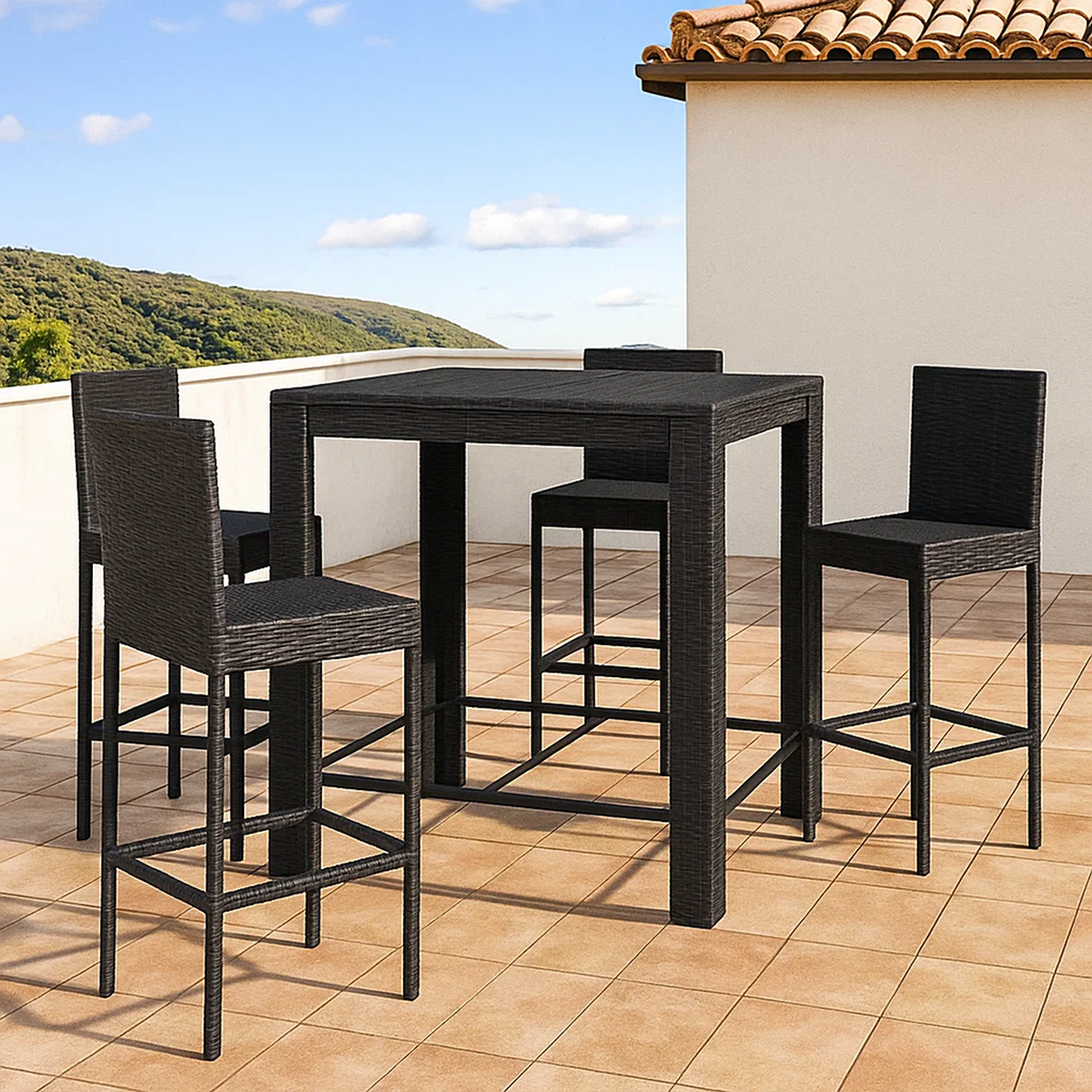 Conjunto de bar para jardín 5 pzas ratán sintético negro – mesa alta y 4 taburetes