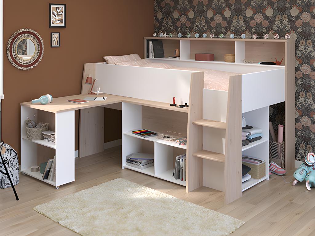Cama combinada 90 x 200 cm con escritorio y almacenamiento - Blanco y natural + Colchón - APOLINO
