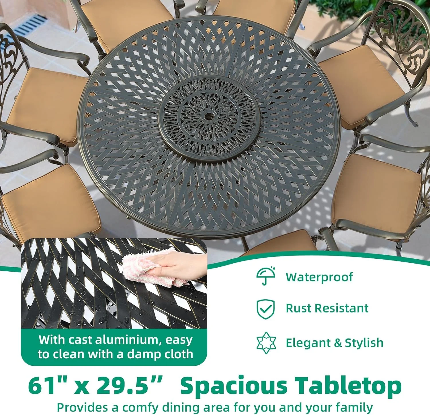 VIVIJASON Outdoor 61" Patio Dining Table for 6-8 Person, Large Patio Round Dining Table with 24" Lazy Susan, Dark Bronze Cast Aluminum Rustic Patio Table W/Umbrella Hole for Balcony, Porch and Deck - Image 9
