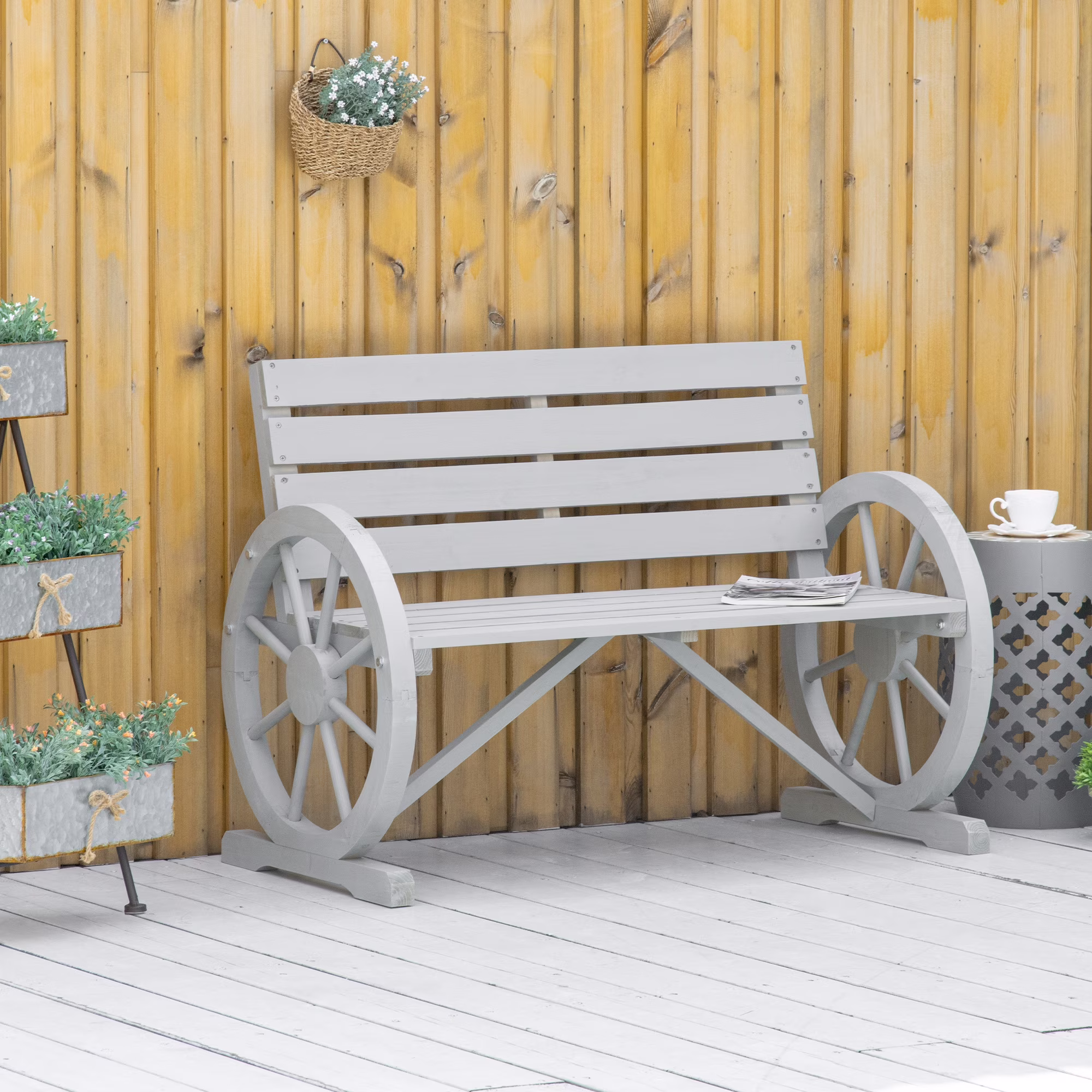 Outsunny Wooden Wagon Wheel Bench Rustic Outdoor Patio Furniture, 2-Person Seat Bench with Backrest Carbonized