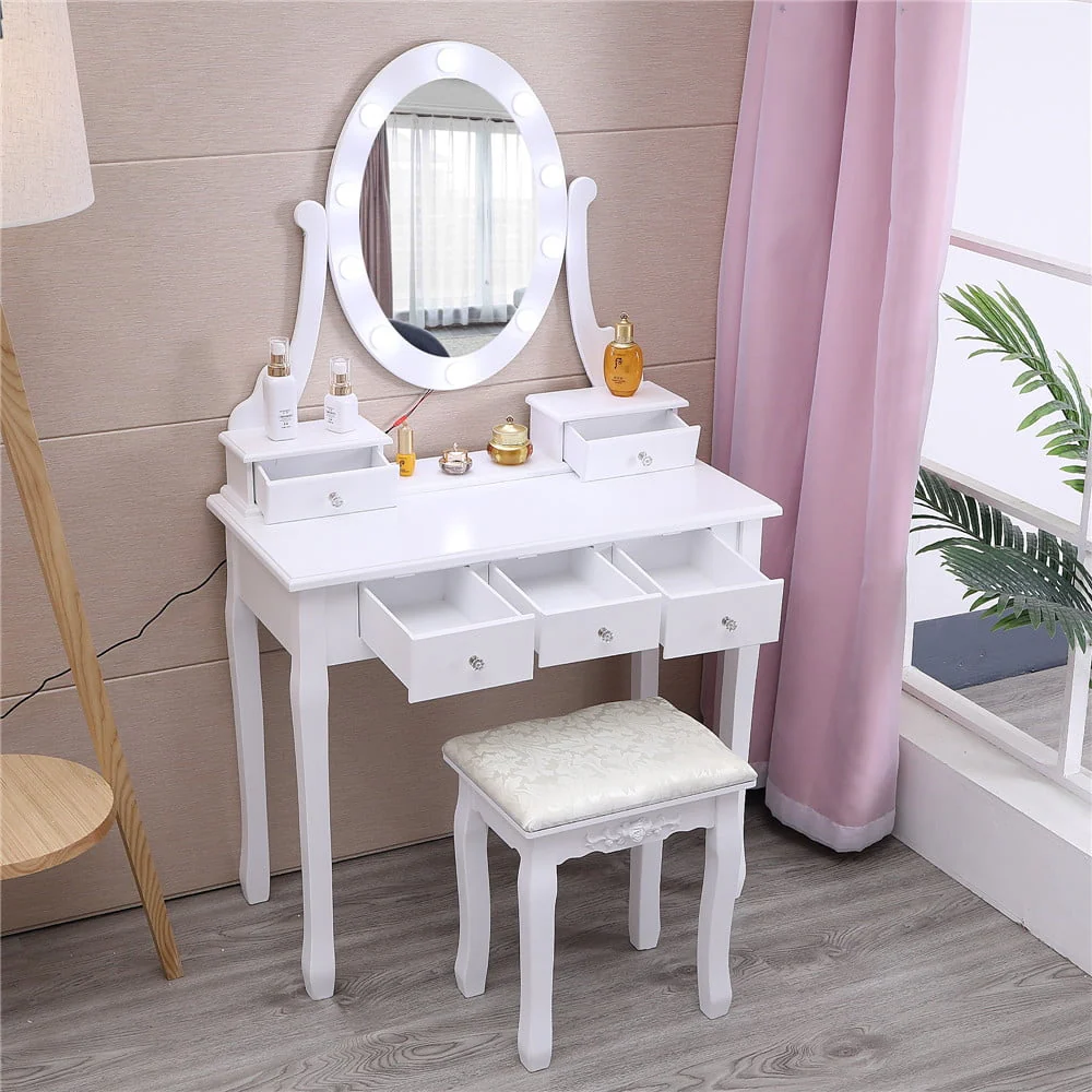 Ktaxon Vanity Table 10 LED Lights, 5 Drawers Makeup Dressing Desk with Cushioned Stool Set,Bedroom Vanities Set White - Image 6