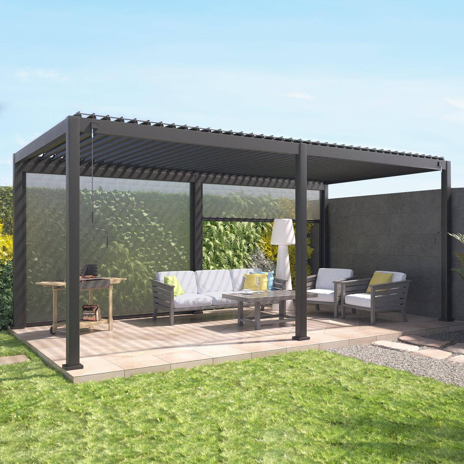 Triomphe 3x6m + accesorios - Pérgola bioclimática 3x6m +  2 toldos verticales de 3m