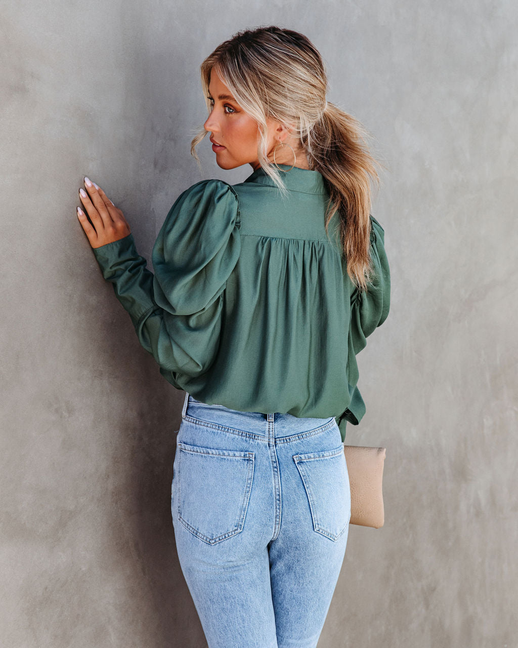 Southern Belle Puff Sleeve Button Down Top - Pine - Se7enfashion