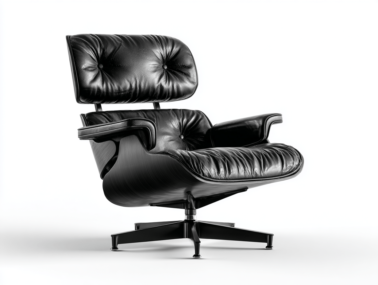 Sillón lounge estilo Eames en cuero negro – 84×84×84 cm – diseño icónico