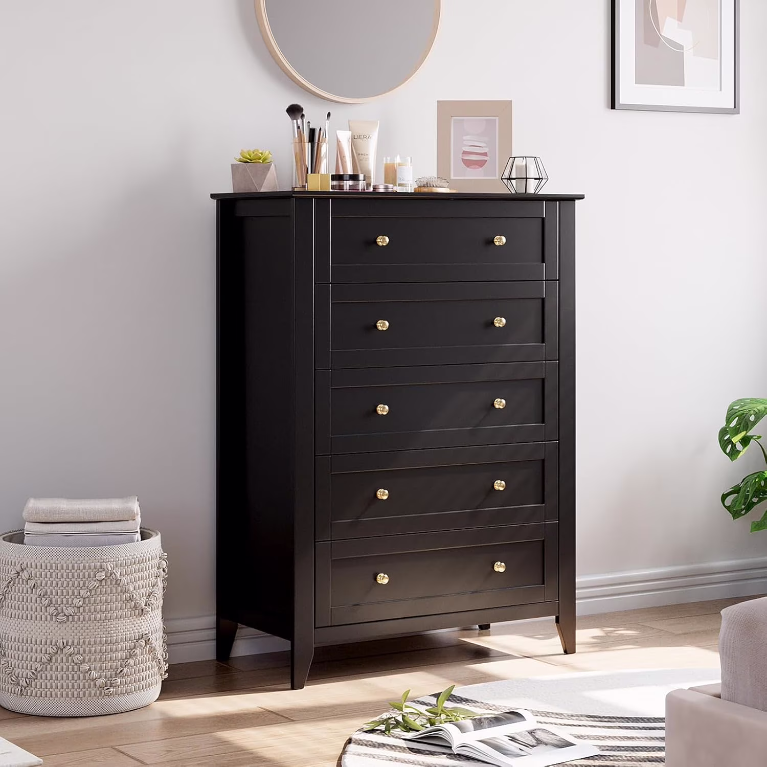 Homhougo Dresser for Bedroom Black with 5 Drawers, Tall Wood Organizer Storage Cabinet with Round Handle, Drawer Dresser for Closet, Living Room, Hallway, Nursery, Kids Bedroom(5-Drawer Chest/Gray)