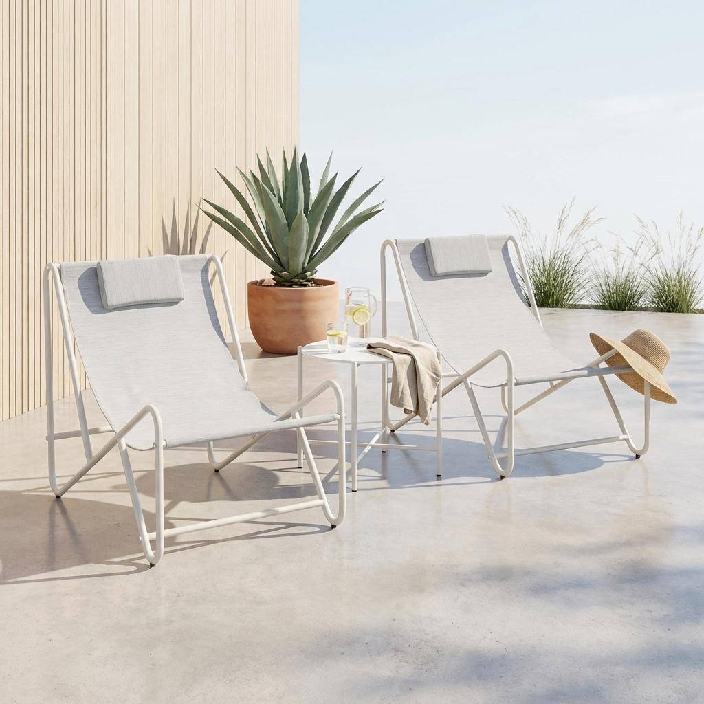 Salina - Conjunto de 2 sillones relax con mesa redonda de acero
