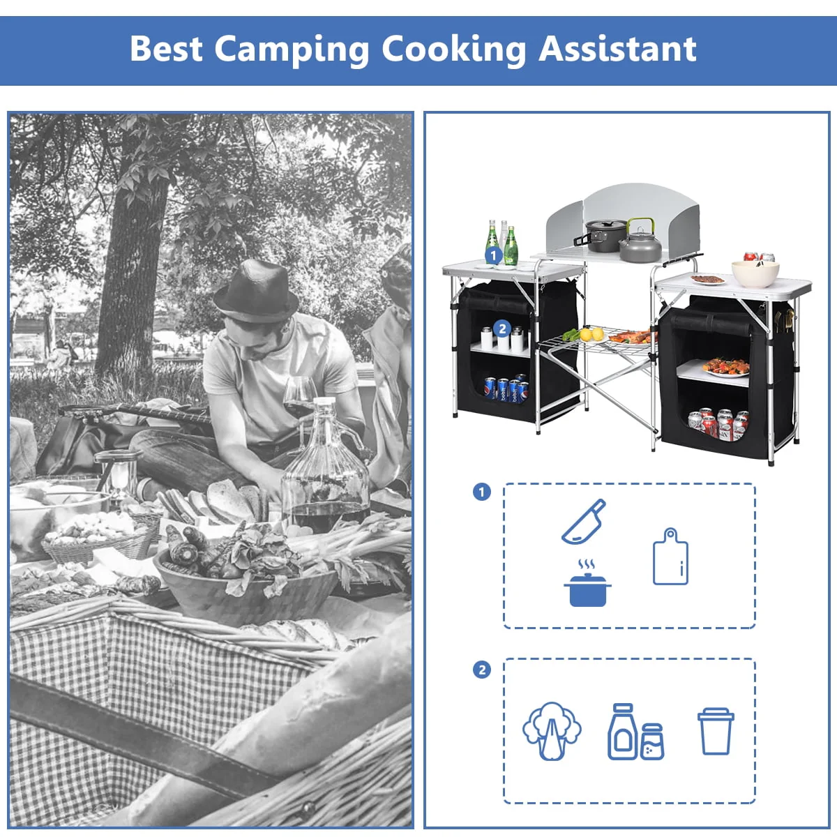 Goplus Folding Portable Aluminum Camping Grill Table w/ Storage Organizer Windscreen Black - Image 7