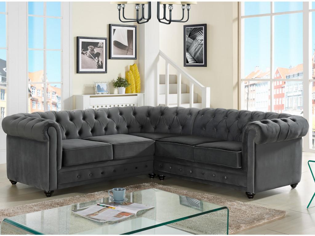 Sofá rinconero tapizado de terciopelo CHESTERFIELD - Gris antracita