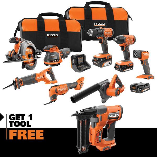 18V Cordless 8-Tool Combo Kit with (3) Batteries. Charger. and Bag with 18V 18-Gauge Brad Nailer