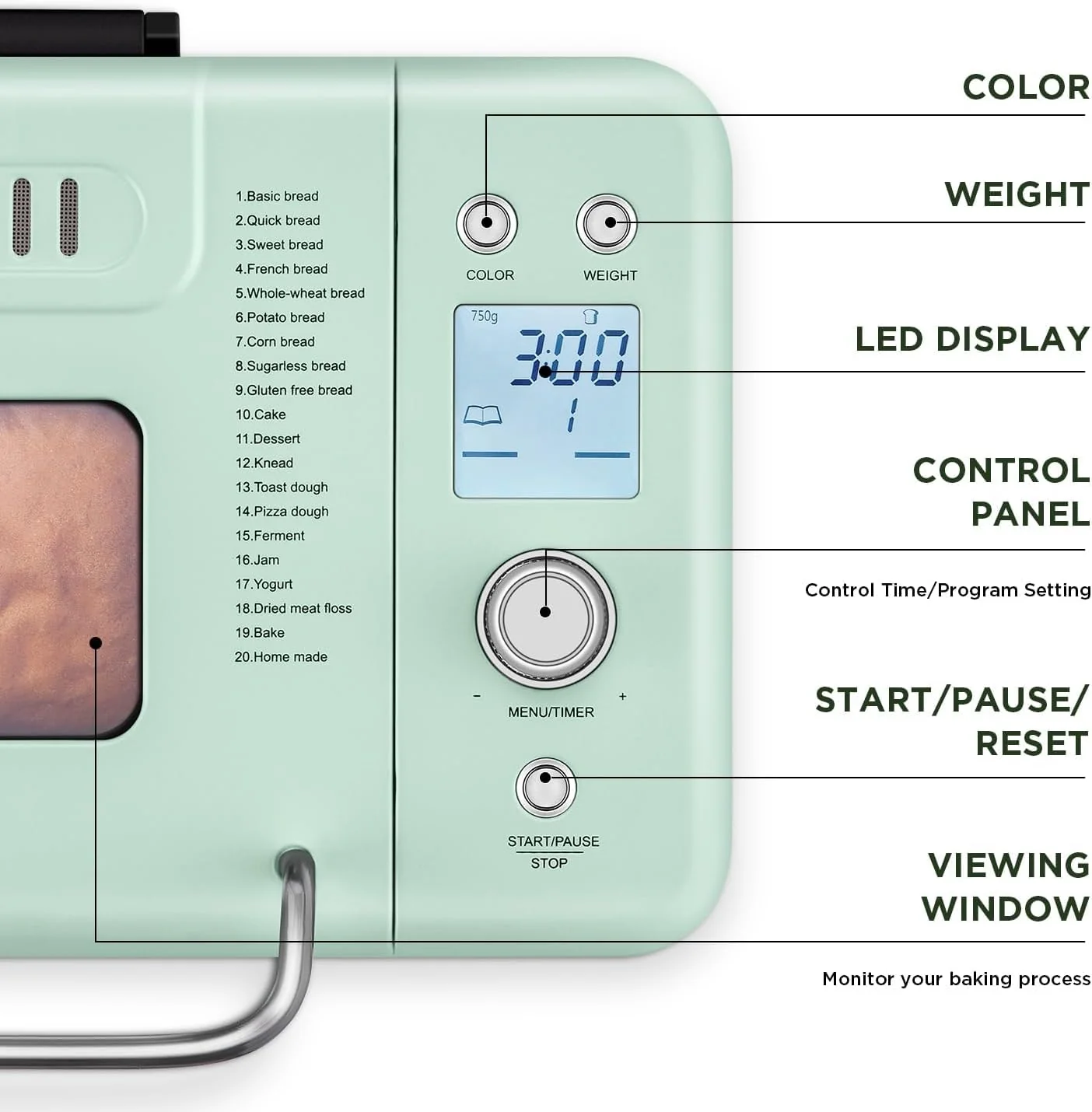 Neretva Bread Maker, 20-IN-1 2LB Bread Machine Dual Heater Bread Maker Machine Automatic with Nonstick Ceramic Pan, 15H Timer & 1H Keep Warm Set, Low Noise, Stainless Steel Breadmaker Recipe-Green