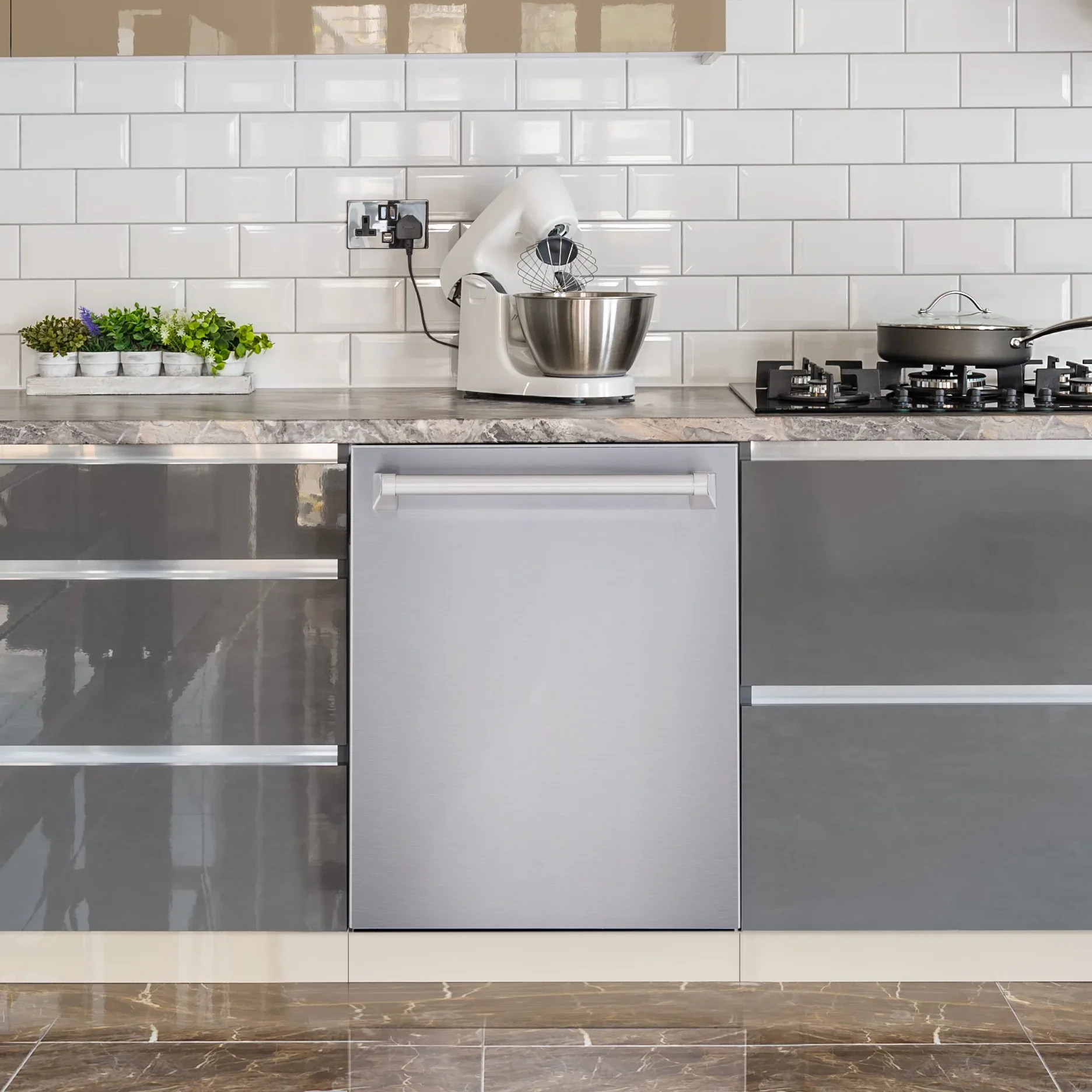 Cosmo 4 Piece Kitchen Appliance Package with 30" Freestanding Electric Range 30" Under Cabinet Range Hood 24" Built-in Integrated Dishwasher & French Door Refrigerator Kitchen Appliance Bundles