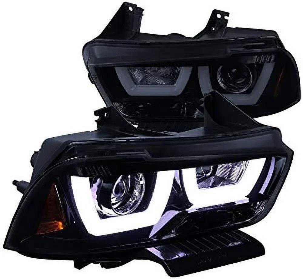 DRL LED Light Bar Projector Headlights, 1 Pair, Gloss Black Housing, Smoke Lens - 2011-2014 Dodge Charger