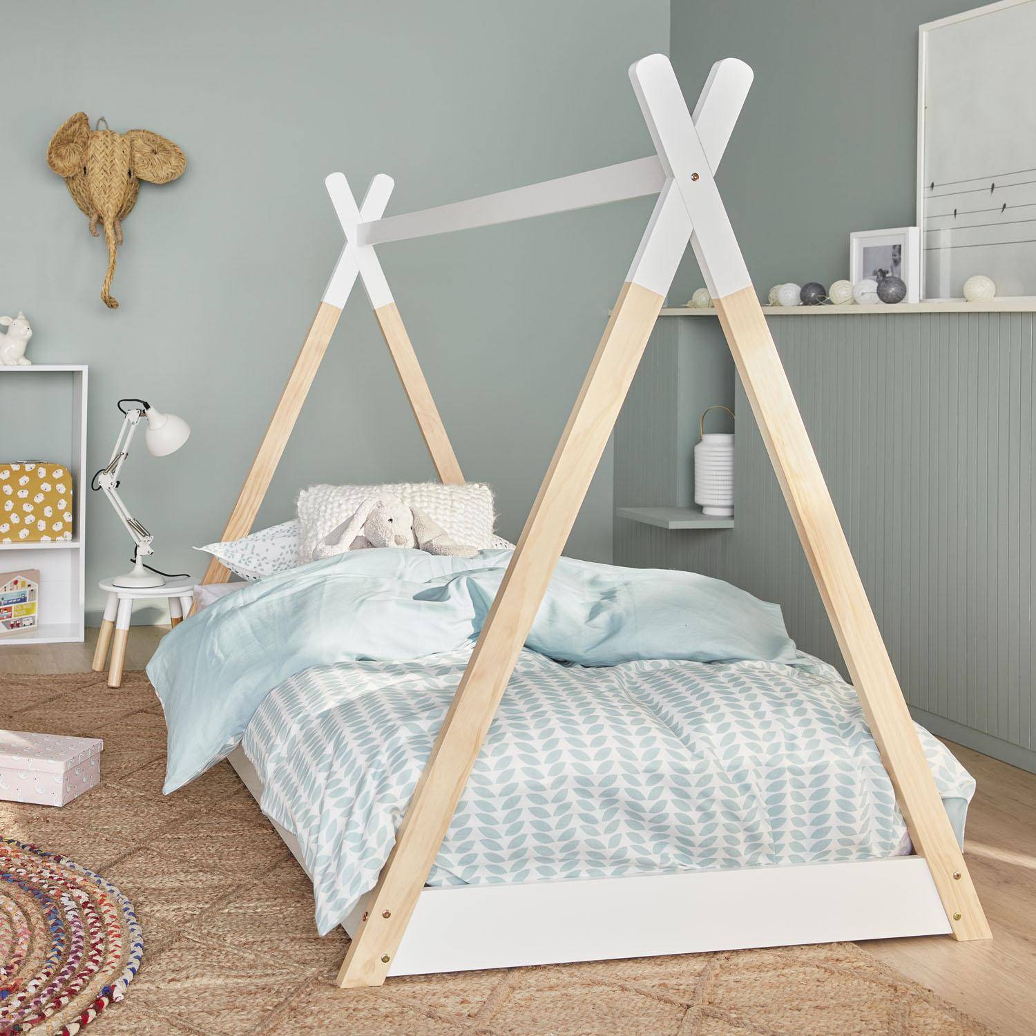 Tobias - Cama tipi infantil de pino natural con base, 90cm