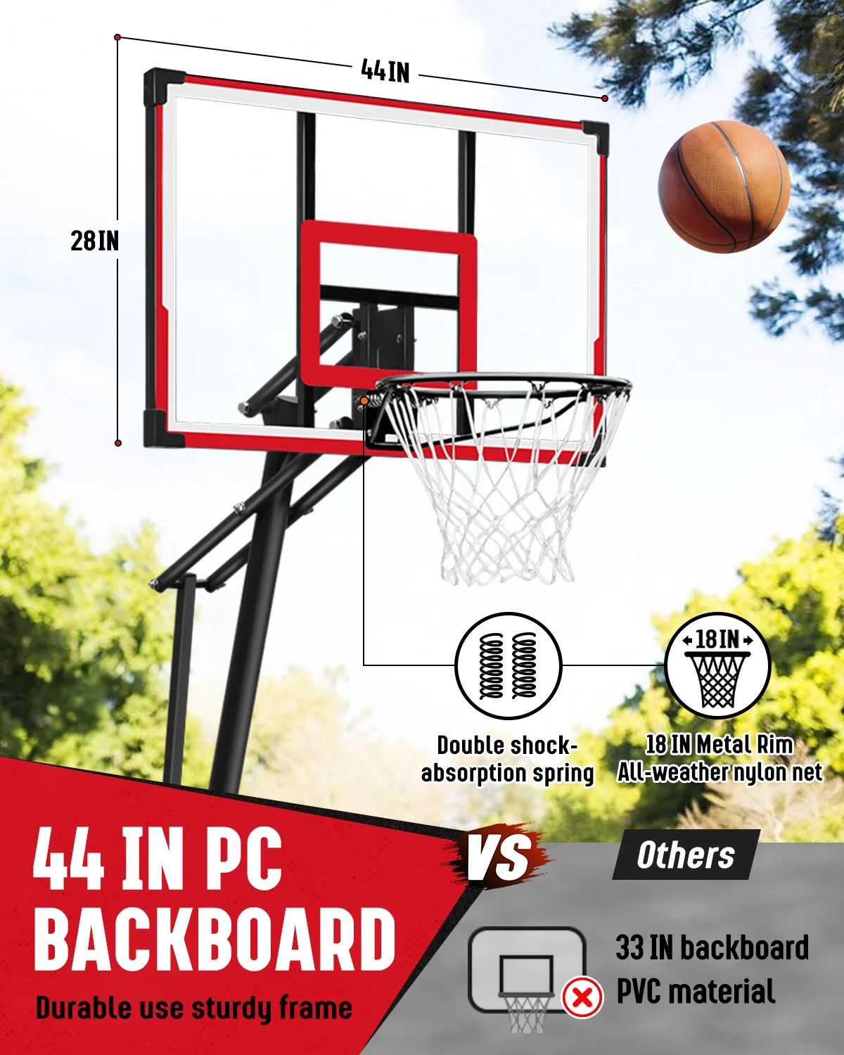 Seray Basketball Hoop with 4.8-10 feet Height Adjustable for Kids/Adults, Portable Basketball Goal with 44 inch Backboard and 2 Wheels for Outdoor/Indoor Sports - Image 13
