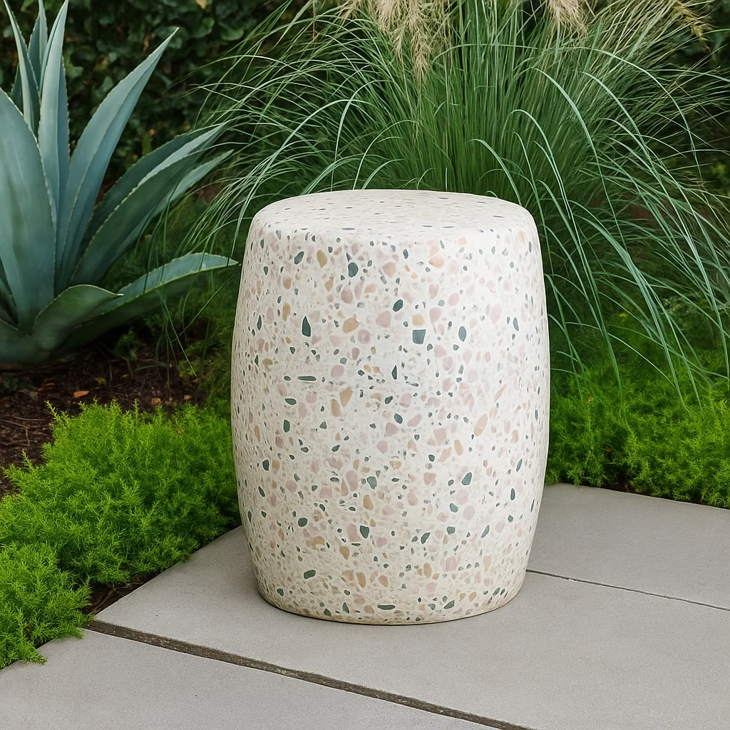 Mesa auxiliar de exterior,blanco,terrazo,adecuado para jardín,diámetro 35 cm x altura 45 cm