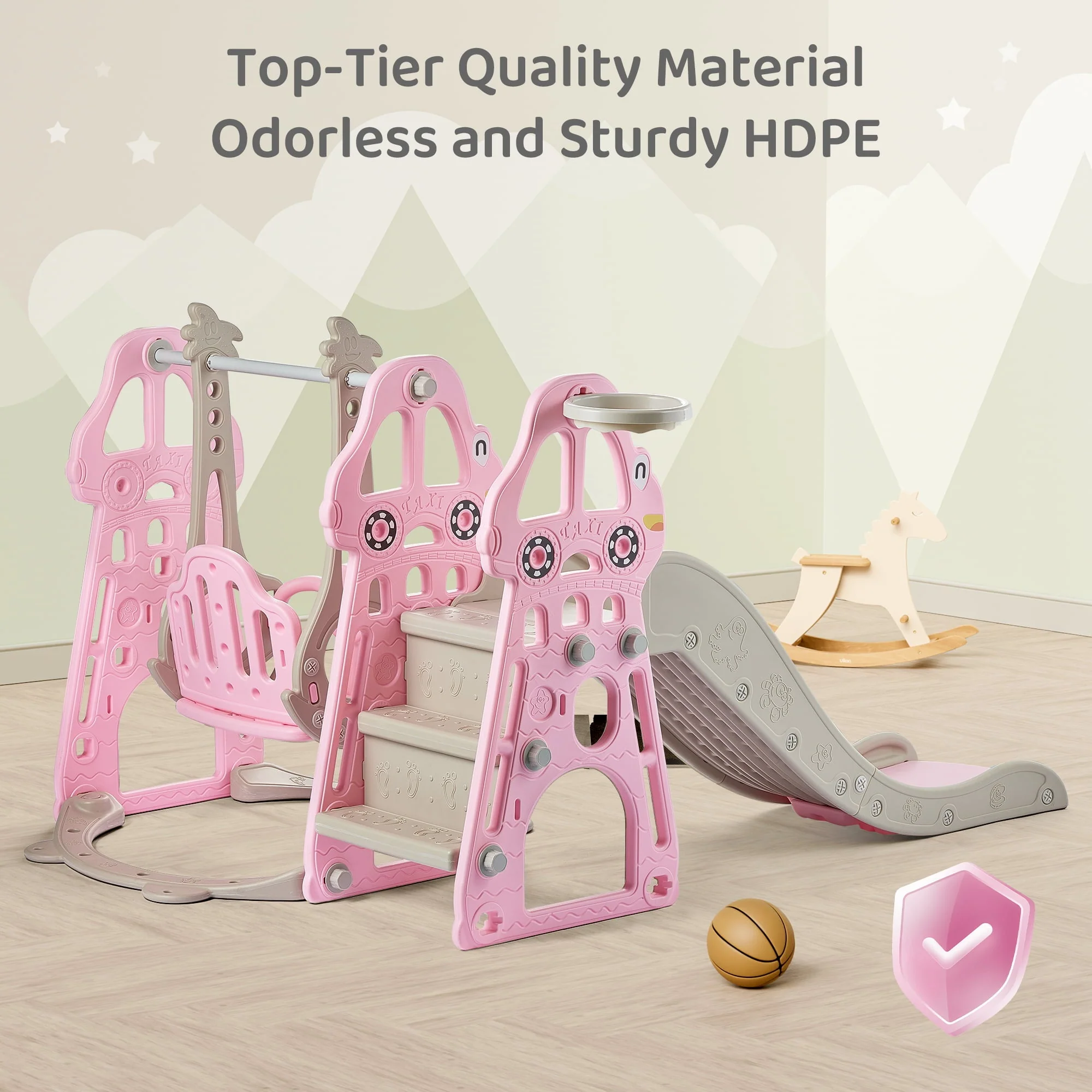 DUKE BABY 4-in-1 Kids Swing and Slide Set for Toddler Age 1-6, Extra Large Baby Indoor Outdoor Activity Playground with Basketball Hoop and Climber – Pink - Image 6