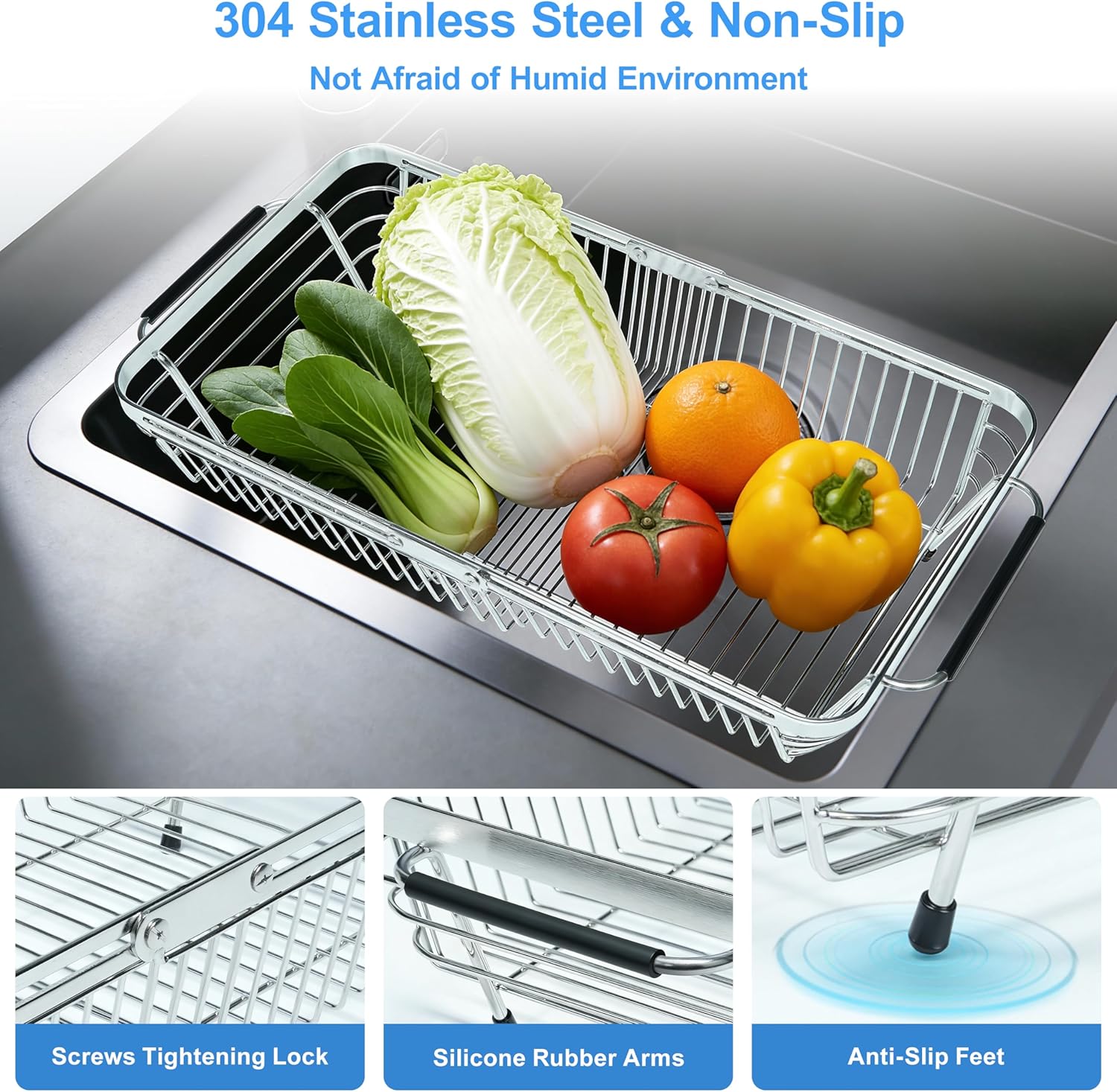 Dish Drying Rack Over The Sink, Stainless Steel Dish Racks for Kitchen Counter, Expandable Drainer for Kitchen Sink Organizer, 2-in-1 Extend Drain Basket and Plates Holder for Utensil Storage