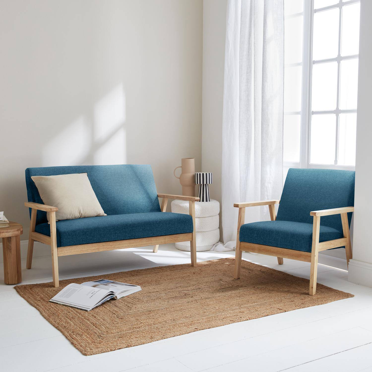 Isak - Banco y sillón de madera y tela, 3 plazas
